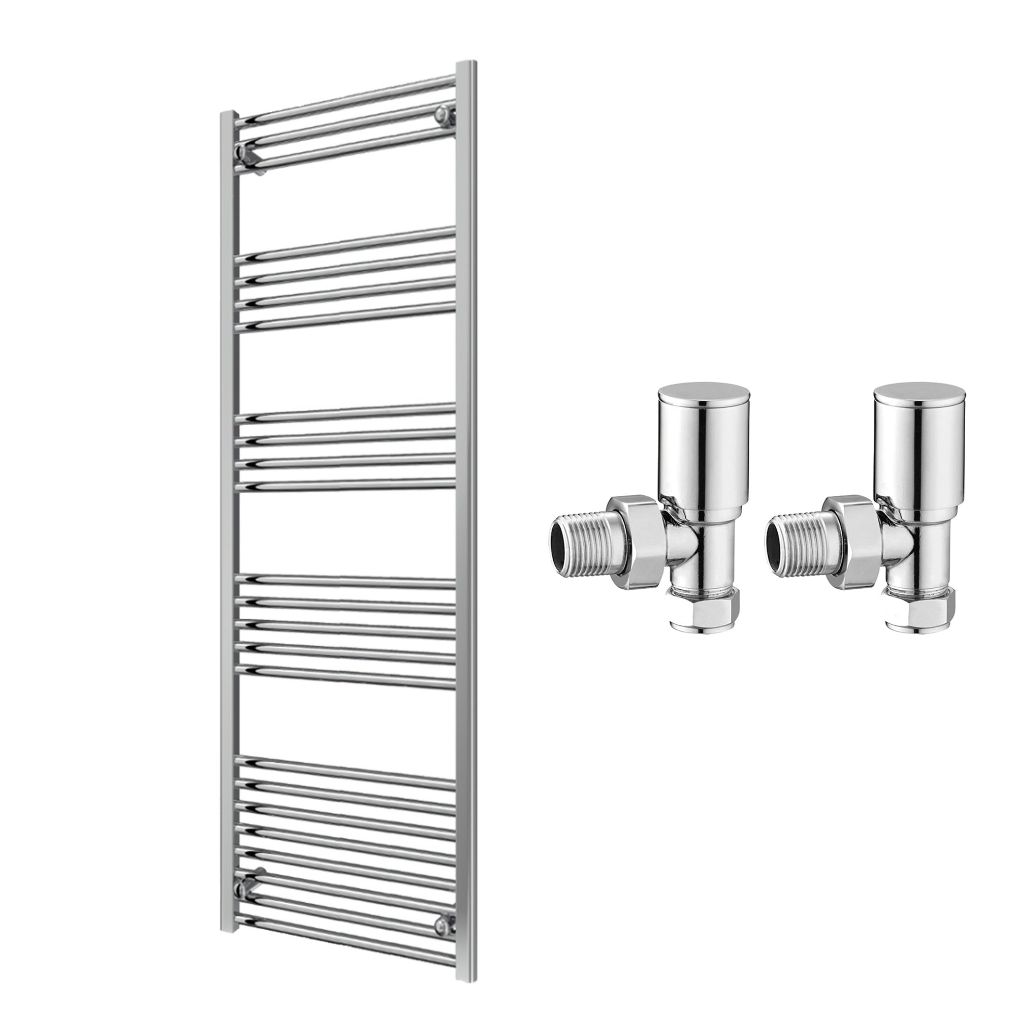 Reina Capo Flat Chrome Bathroom Heated Towel Rail 1600 x 600mm with Manual Angled Valves - Stylish Mild Steel Ladder Radiator