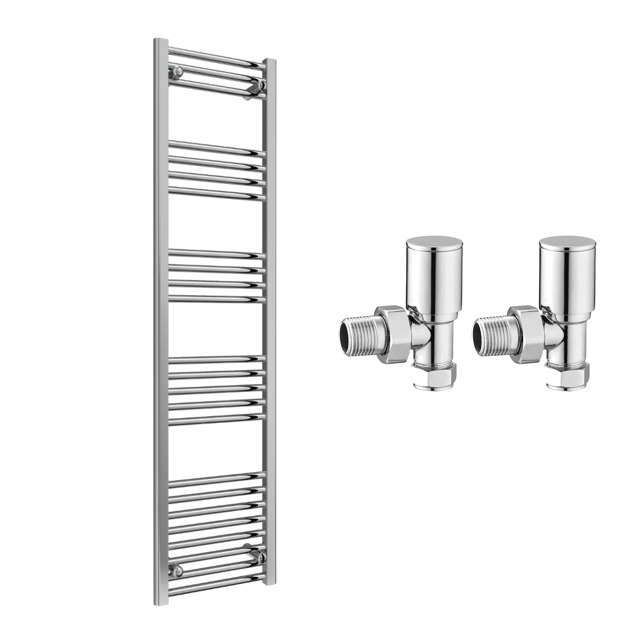 Reina Capo Flat Chrome Bathroom Heated Towel Rail 1800 x 400mm with Manual Angled Valves - Stylish Mild Steel Ladder Radiator