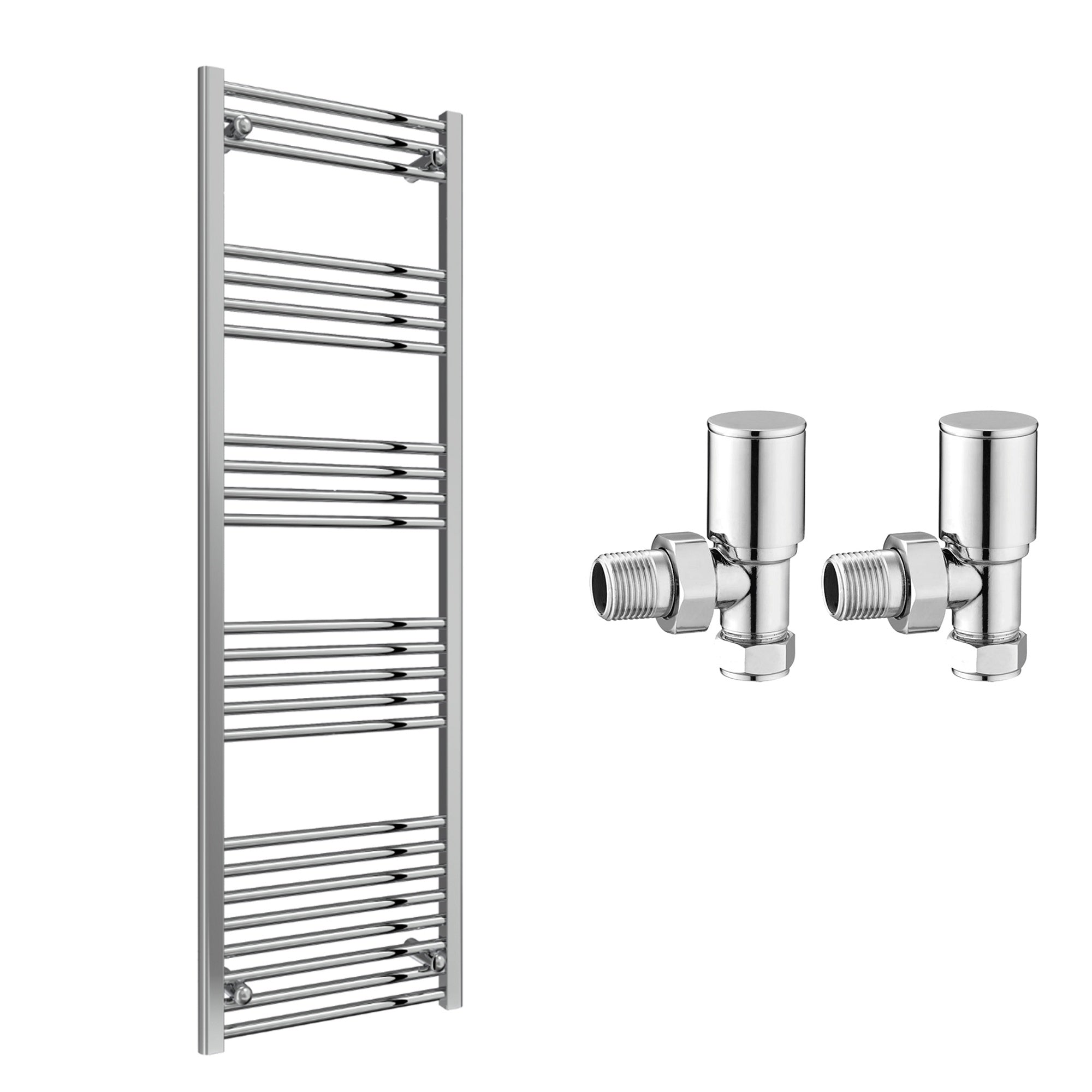 Reina Capo Flat Chrome Bathroom Heated Towel Rail 1800 x 600mm with Manual Angled Valves - Stylish Mild Steel Ladder Radiator