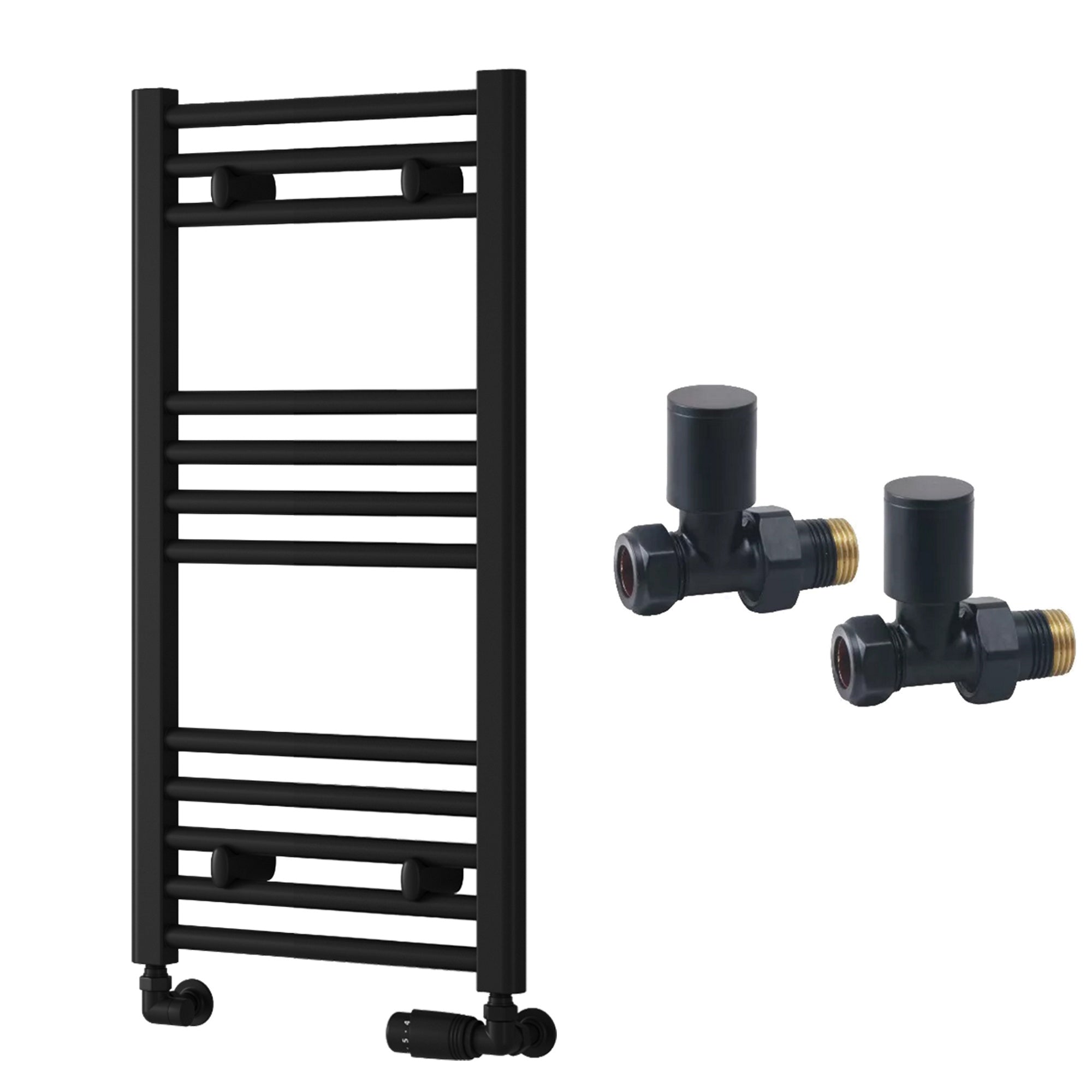 Reina Capo Flat Black Bathroom Heated Towel Rail 800 x 400mm with Manual Straight Valves - Stylish Mild Steel Ladder Radiator