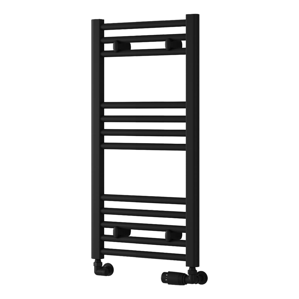 Reina Capo Flat Black Bathroom Heated Towel Rail 800 x 400mm with Manual Straight Valves - Stylish Mild Steel Ladder Radiator