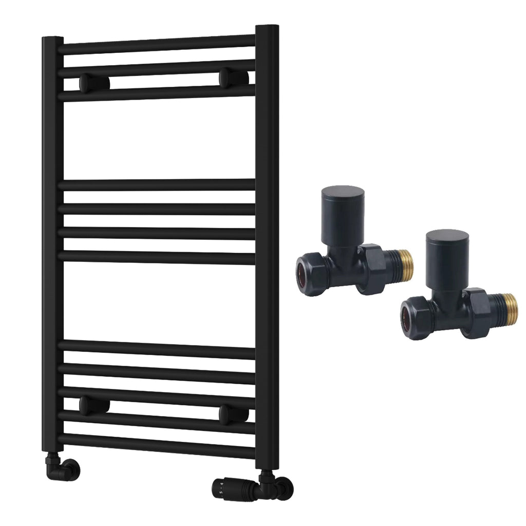 Reina Capo Flat Black Bathroom Heated Towel Rail 800 x 500mm with Manual Straight Valves - Stylish Mild Steel Ladder Radiator