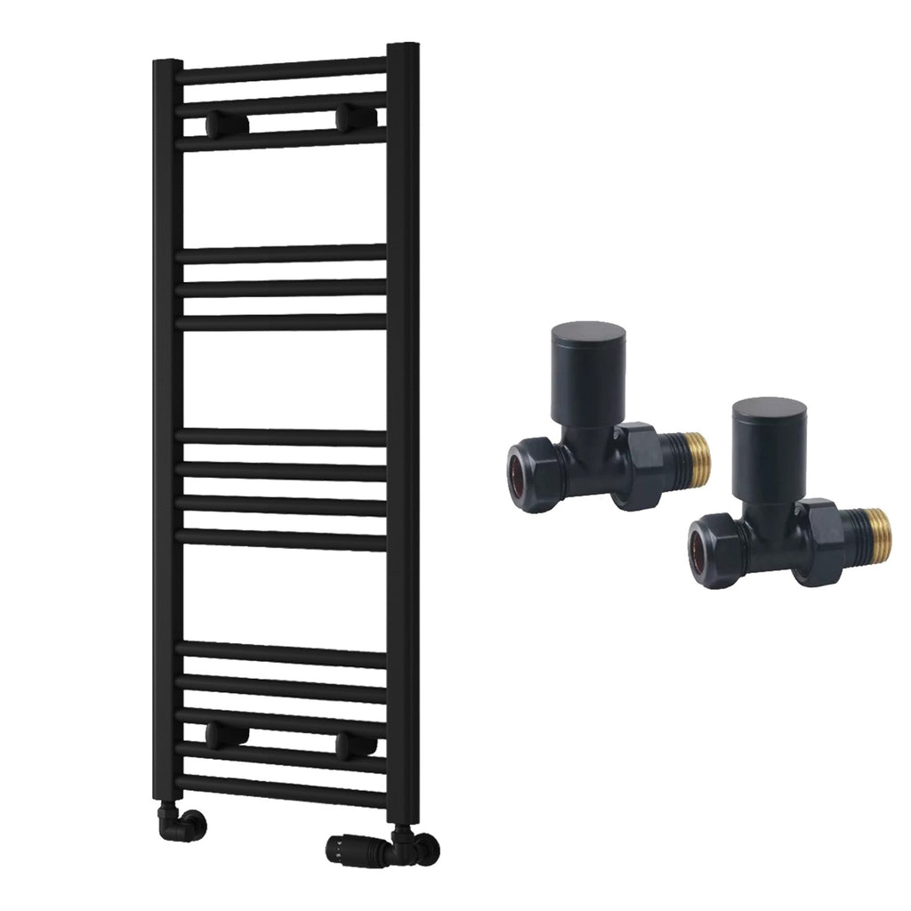 Reina Capo Flat Black Bathroom Heated Towel Rail 1000 x 400mm with Manual Straight Valves - Stylish Mild Steel Ladder Radiator