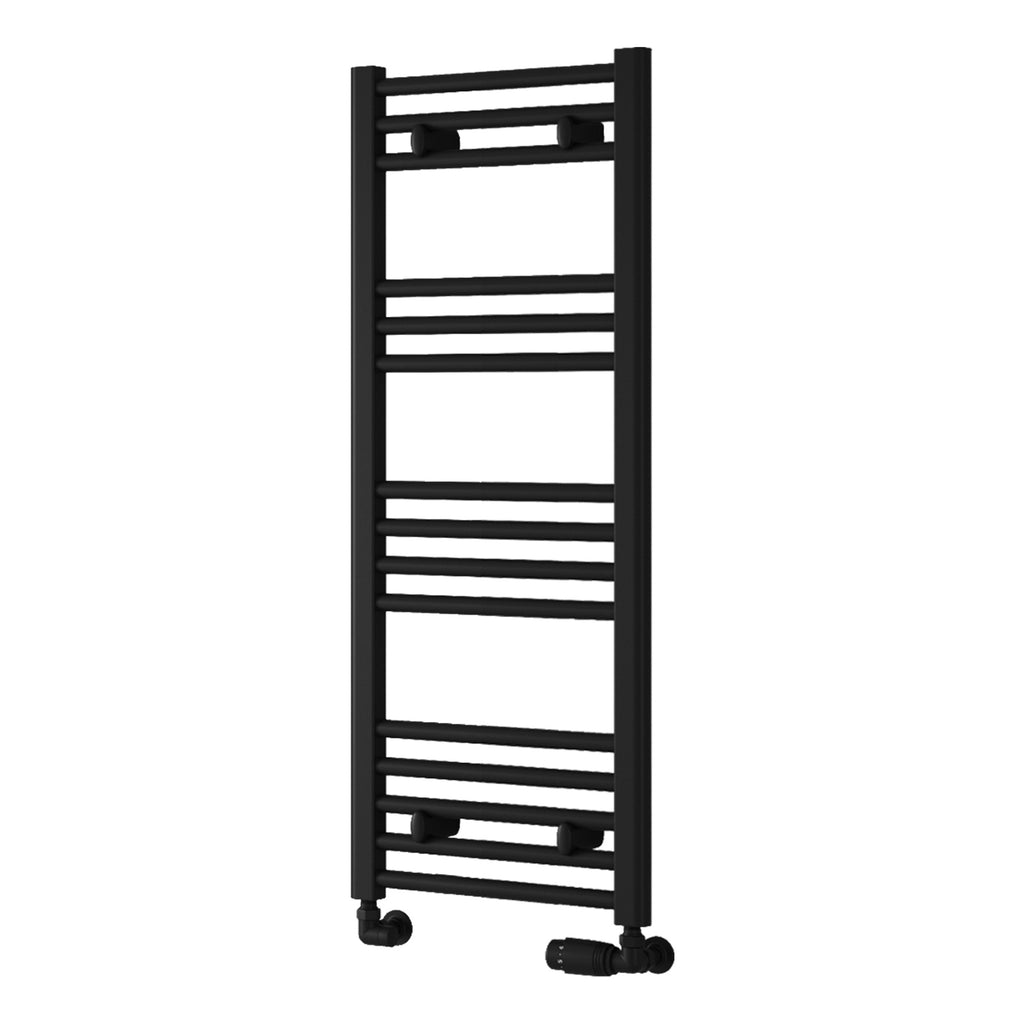 Reina Capo Flat Black Bathroom Heated Towel Rail 1000 x 400mm with Manual Straight Valves - Stylish Mild Steel Ladder Radiator