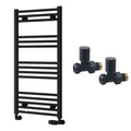 Reina Capo Flat Black Bathroom Heated Towel Rail 1000 x 500mm with Manual Straight Valves - Stylish Mild Steel Ladder Radiator