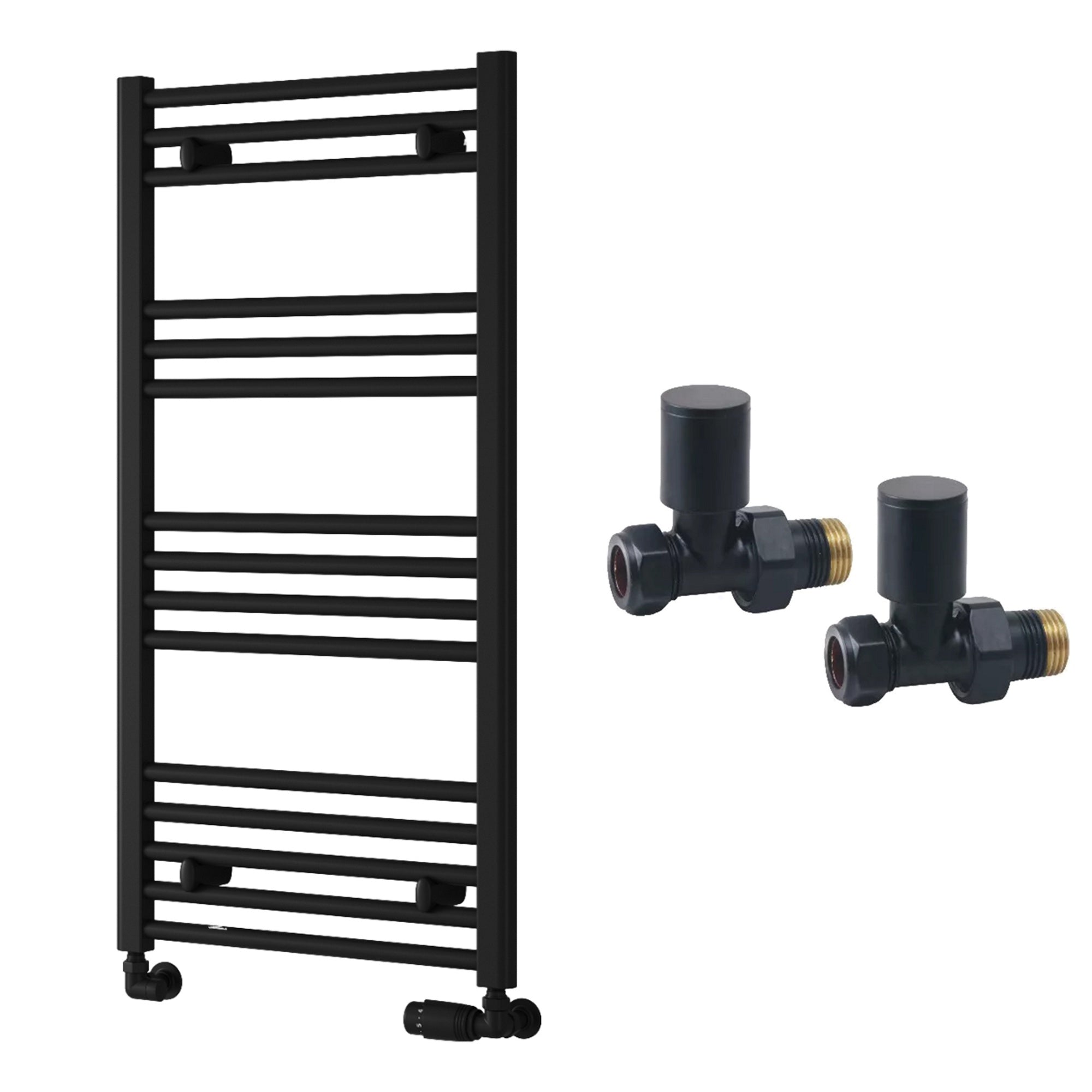 Reina Capo Flat Black Bathroom Heated Towel Rail 1000 x 500mm with Manual Straight Valves - Stylish Mild Steel Ladder Radiator
