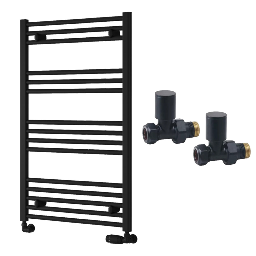 Reina Capo Flat Black Bathroom Heated Towel Rail 1000 x 600mm with Manual Straight Valves - Stylish Mild Steel Ladder Radiator