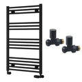 Reina Capo Flat Black Bathroom Heated Towel Rail 1000 x 600mm with Manual Straight Valves - Stylish Mild Steel Ladder Radiator