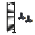 Reina Capo Flat Black Bathroom Heated Towel Rail 1200 x 400mm with Manual Straight Valves - Stylish Mild Steel Ladder Radiator