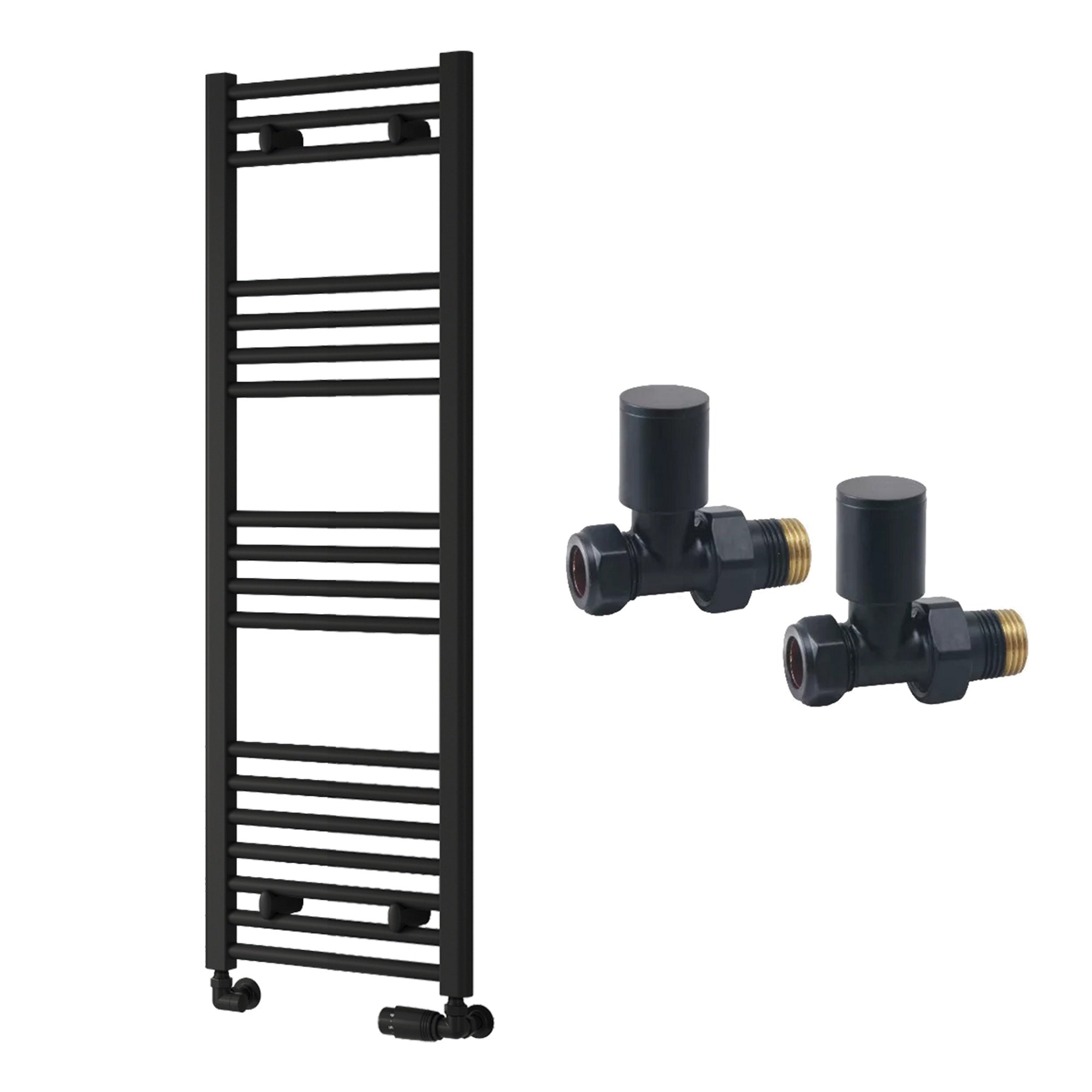 Reina Capo Flat Black Bathroom Heated Towel Rail 1200 x 400mm with Manual Straight Valves - Stylish Mild Steel Ladder Radiator