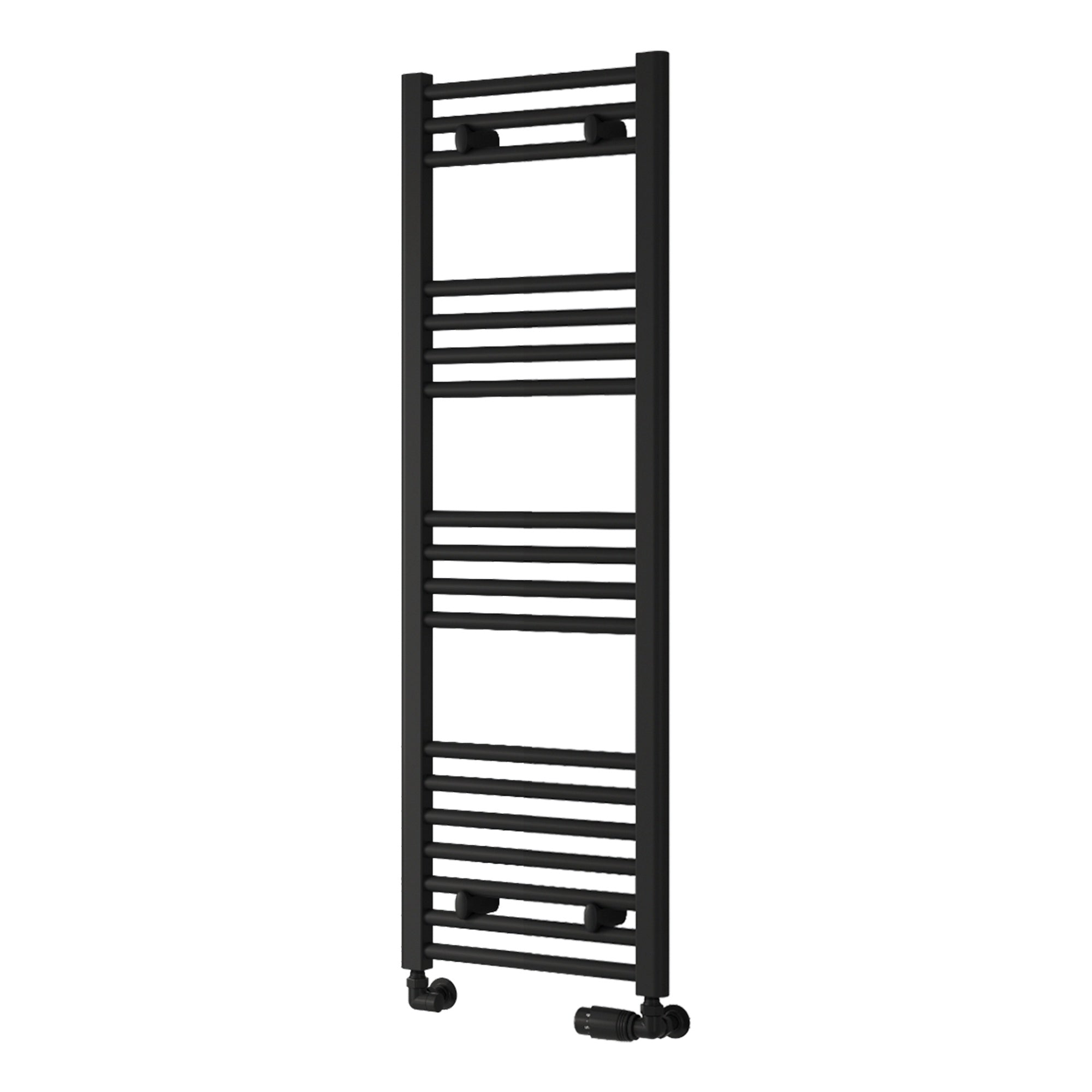 Reina Capo Flat Black Bathroom Heated Towel Rail 1200 x 400mm with Manual Straight Valves - Stylish Mild Steel Ladder Radiator