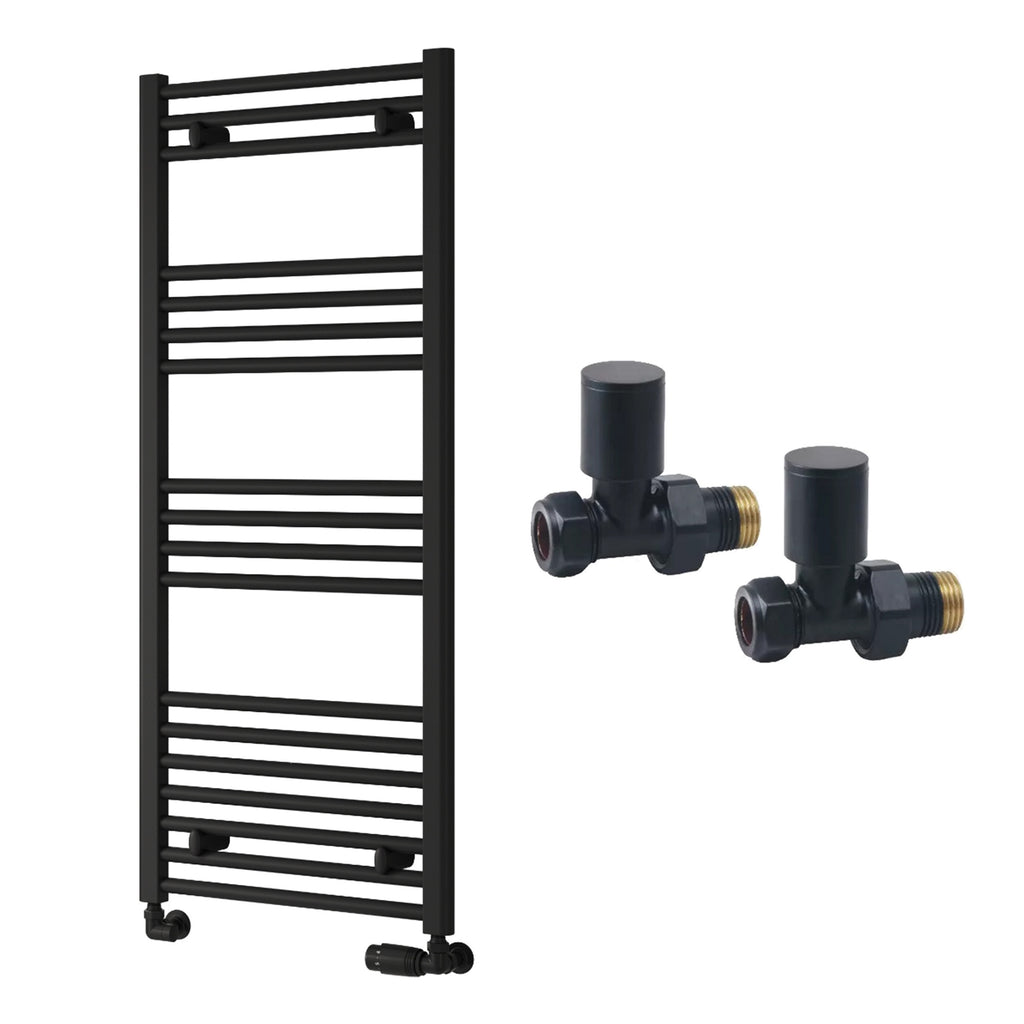 Reina Capo Flat Black Bathroom Heated Towel Rail 1200 x 500mm with Manual Straight Valves - Stylish Mild Steel Ladder Radiator