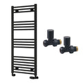 Reina Capo Flat Black Bathroom Heated Towel Rail 1200 x 500mm with Manual Straight Valves - Stylish Mild Steel Ladder Radiator