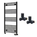 Reina Capo Flat Black Bathroom Heated Towel Rail 1200 x 600mm with Manual Straight Valves - Stylish Mild Steel Ladder Radiator