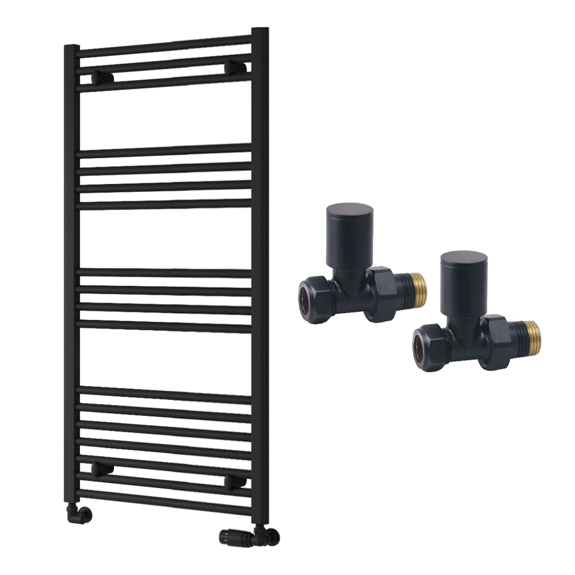 Reina Capo Flat Black Bathroom Heated Towel Rail 1200 x 600mm with Manual Straight Valves - Stylish Mild Steel Ladder Radiator