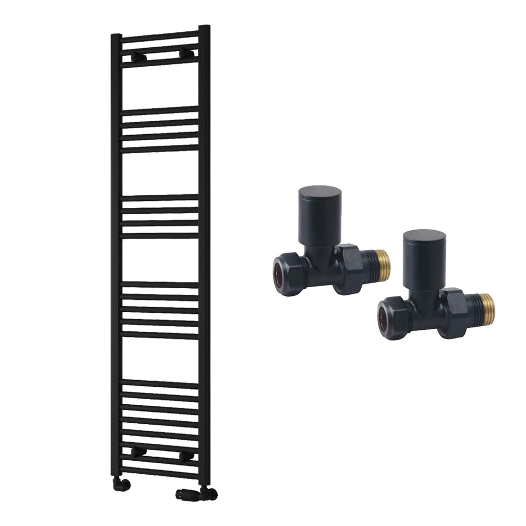 Reina Capo Flat Black Bathroom Heated Towel Rail 1600 x 400mm with Manual Straight Valves - Stylish Mild Steel Ladder Radiator