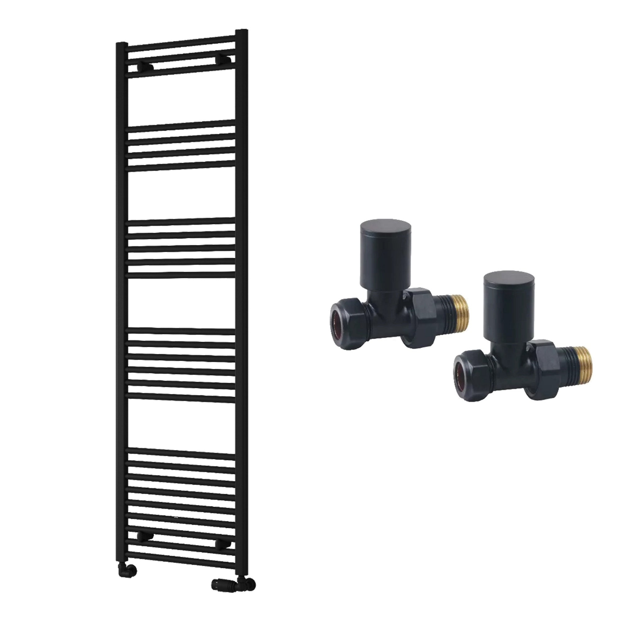 Reina Capo Flat Black Bathroom Heated Towel Rail 1600 x 500mm with Manual Straight Valves - Stylish Mild Steel Ladder Radiator