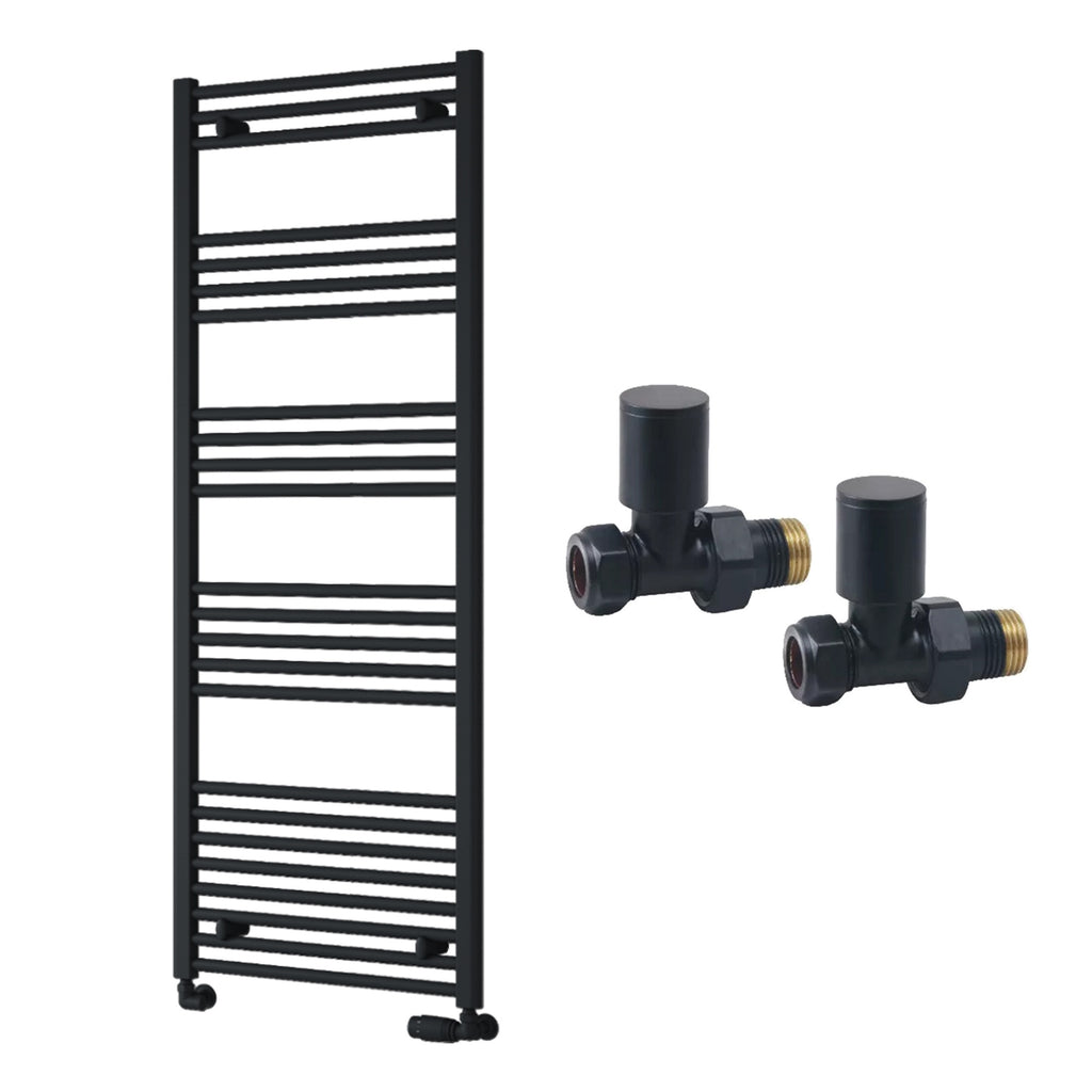 Reina Capo Flat Black Bathroom Heated Towel Rail 1600 x 600mm with Manual Straight Valves - Stylish Mild Steel Ladder Radiator