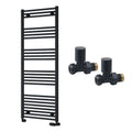 Reina Capo Flat Black Bathroom Heated Towel Rail 1600 x 600mm with Manual Straight Valves - Stylish Mild Steel Ladder Radiator