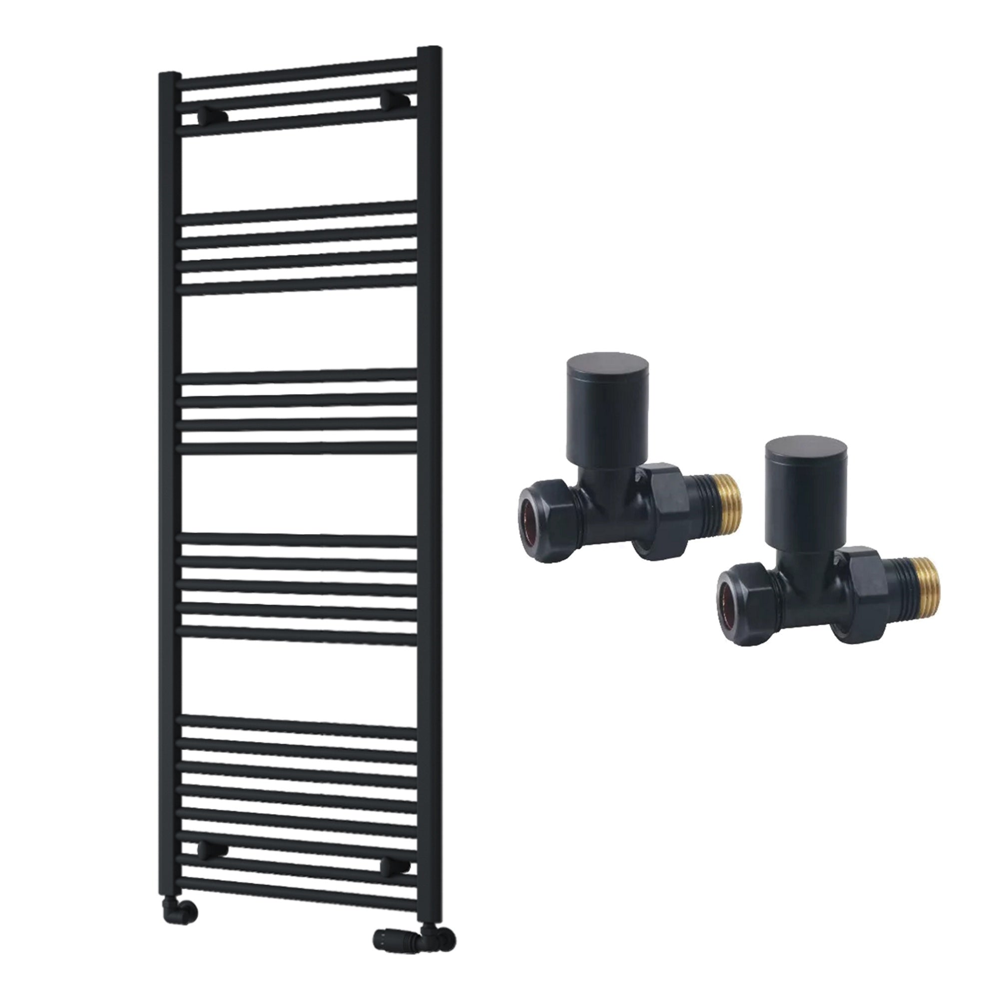 Reina Capo Flat Black Bathroom Heated Towel Rail 1600 x 600mm with Manual Straight Valves - Stylish Mild Steel Ladder Radiator