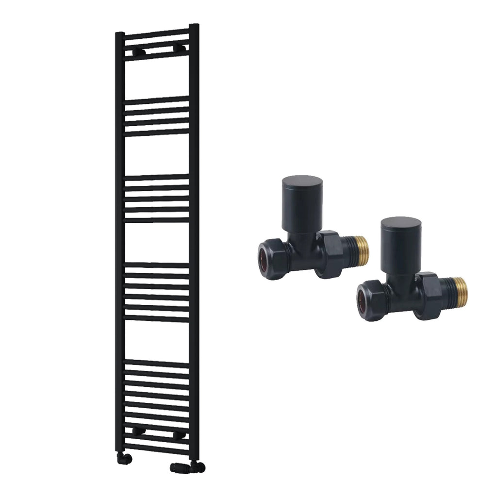 Reina Capo Flat Black Bathroom Heated Towel Rail 1800 x 400mm with Manual Straight Valves - Stylish Mild Steel Ladder Radiator