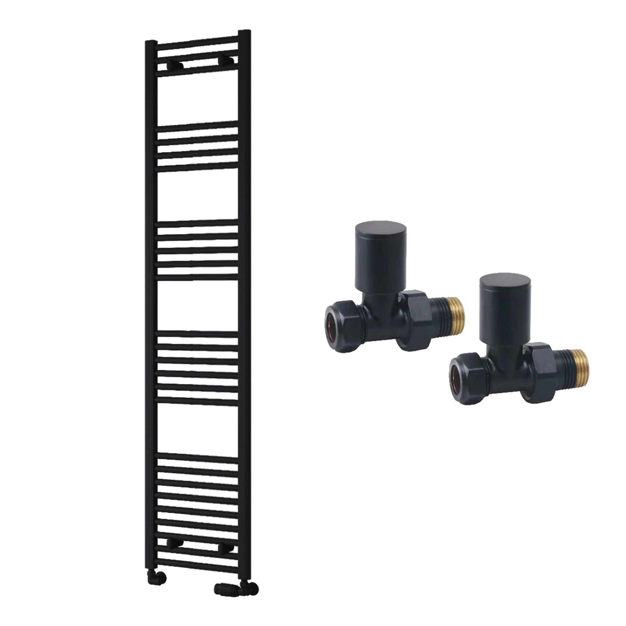 Reina Capo Flat Black Bathroom Heated Towel Rail 1800 x 400mm with Manual Straight Valves - Stylish Mild Steel Ladder Radiator