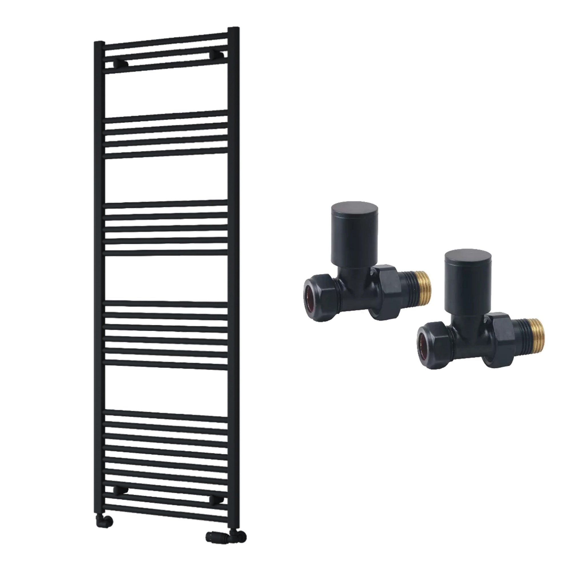 Reina Capo Flat Black Bathroom Heated Towel Rail 1800 x 500mm with Manual Straight Valves - Stylish Mild Steel Ladder Radiator