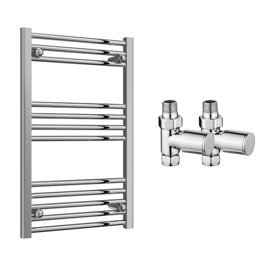 Reina Capo Flat Chrome Bathroom Heated Towel Rail 800 x 400mm with Manual Straight Valves - Stylish Mild Steel Ladder Radiator