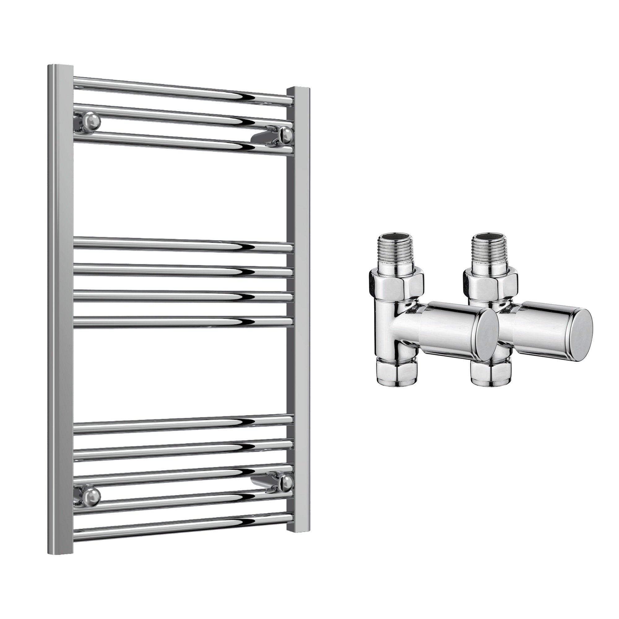 Reina Capo Flat Chrome Bathroom Heated Towel Rail 800 x 500mm with Manual Straight Valves - Stylish Mild Steel Ladder Radiator