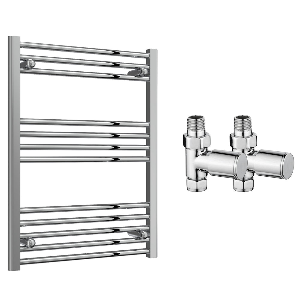 Reina Capo Flat Chrome Bathroom Heated Towel Rail 800 x 600mm with Manual Straight Valves - Stylish Mild Steel Ladder Radiator