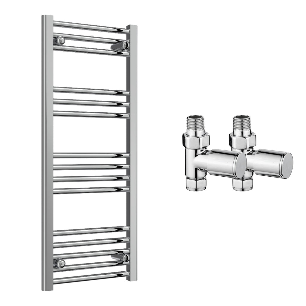 Reina Capo Flat Chrome Bathroom Heated Towel Rail 1000 x 400mm with Manual Straight Valves - Stylish Mild Steel Ladder Radiator