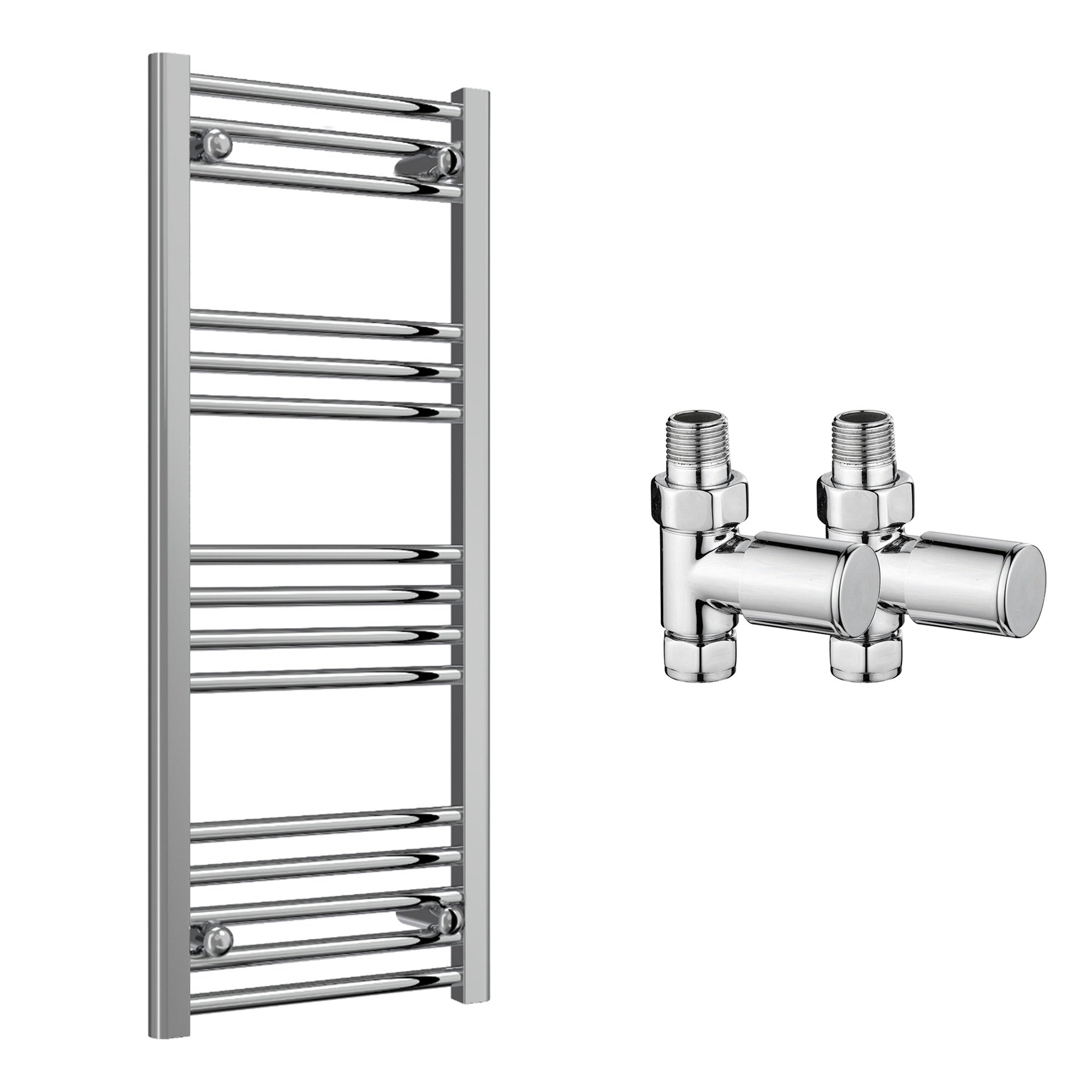 Reina Capo Flat Chrome Bathroom Heated Towel Rail 1000 x 400mm with Manual Straight Valves - Stylish Mild Steel Ladder Radiator