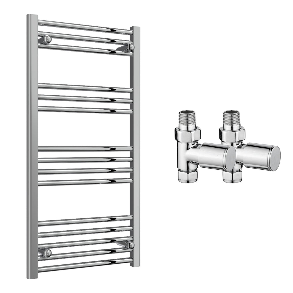 Reina Capo Flat Chrome Bathroom Heated Towel Rail 1000 x 500mm with Manual Straight Valves - Stylish Mild Steel Ladder Radiator