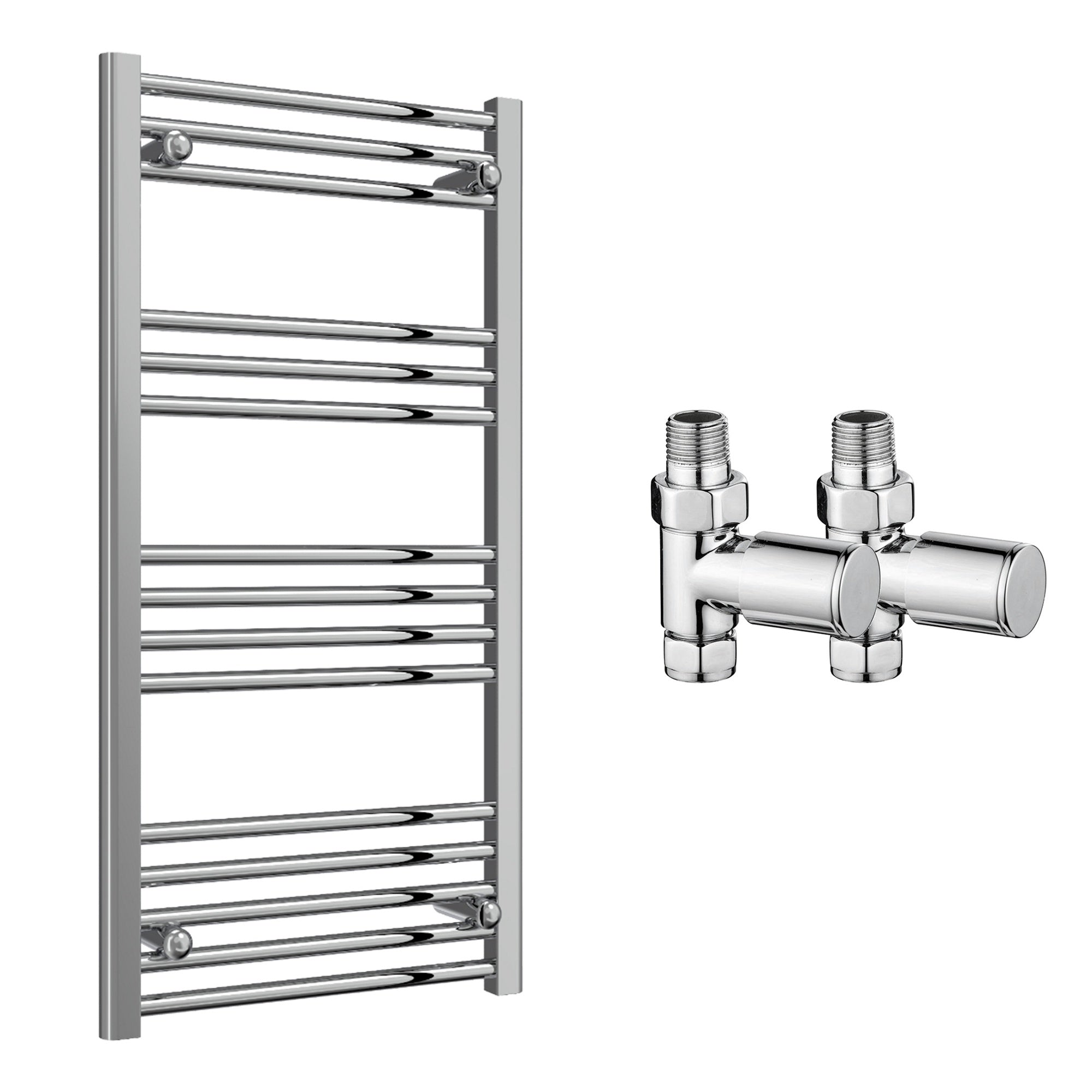 Reina Capo Flat Chrome Bathroom Heated Towel Rail 1000 x 500mm with Manual Straight Valves - Stylish Mild Steel Ladder Radiator
