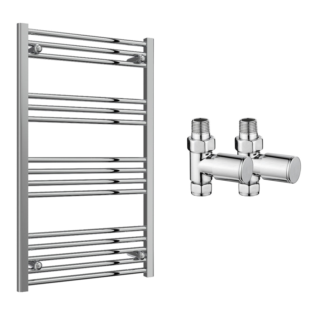 Reina Capo Flat Chrome Bathroom Heated Towel Rail 1000 x 600mm with Manual Straight Valves - Stylish Mild Steel Ladder Radiator