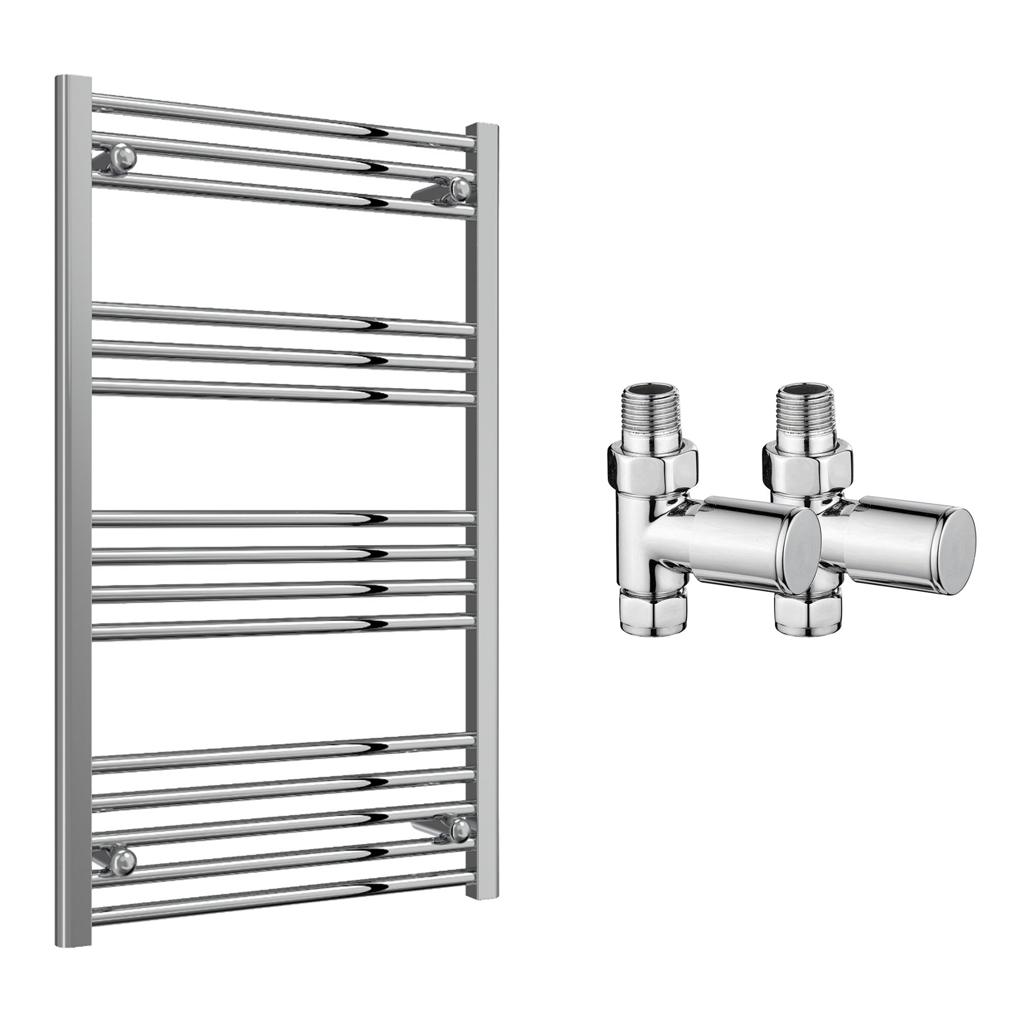 Reina Capo Flat Chrome Bathroom Heated Towel Rail 1000 x 600mm with Manual Straight Valves - Stylish Mild Steel Ladder Radiator