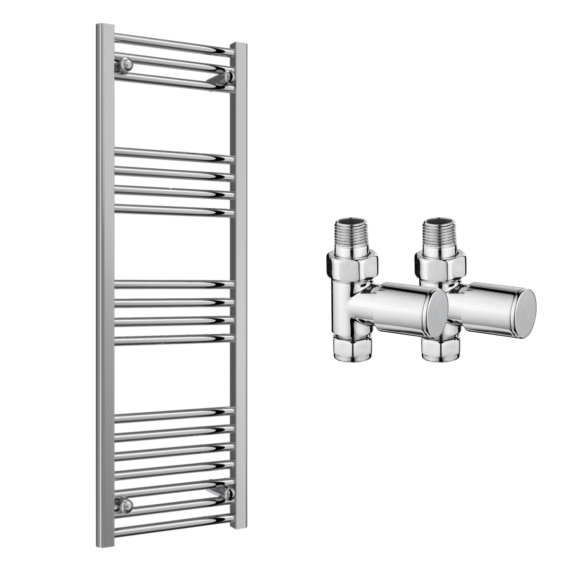 Reina Capo Flat Chrome Bathroom Heated Towel Rail 1200 x 400mm with Manual Straight Valves - Stylish Mild Steel Ladder Radiator