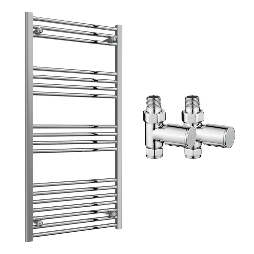 Reina Capo Flat Chrome Bathroom Heated Towel Rail 1200 x 600mm with Manual Straight Valves - Stylish Mild Steel Ladder Radiator
