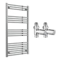 Reina Capo Flat Chrome Bathroom Heated Towel Rail 1200 x 600mm with Manual Straight Valves - Stylish Mild Steel Ladder Radiator