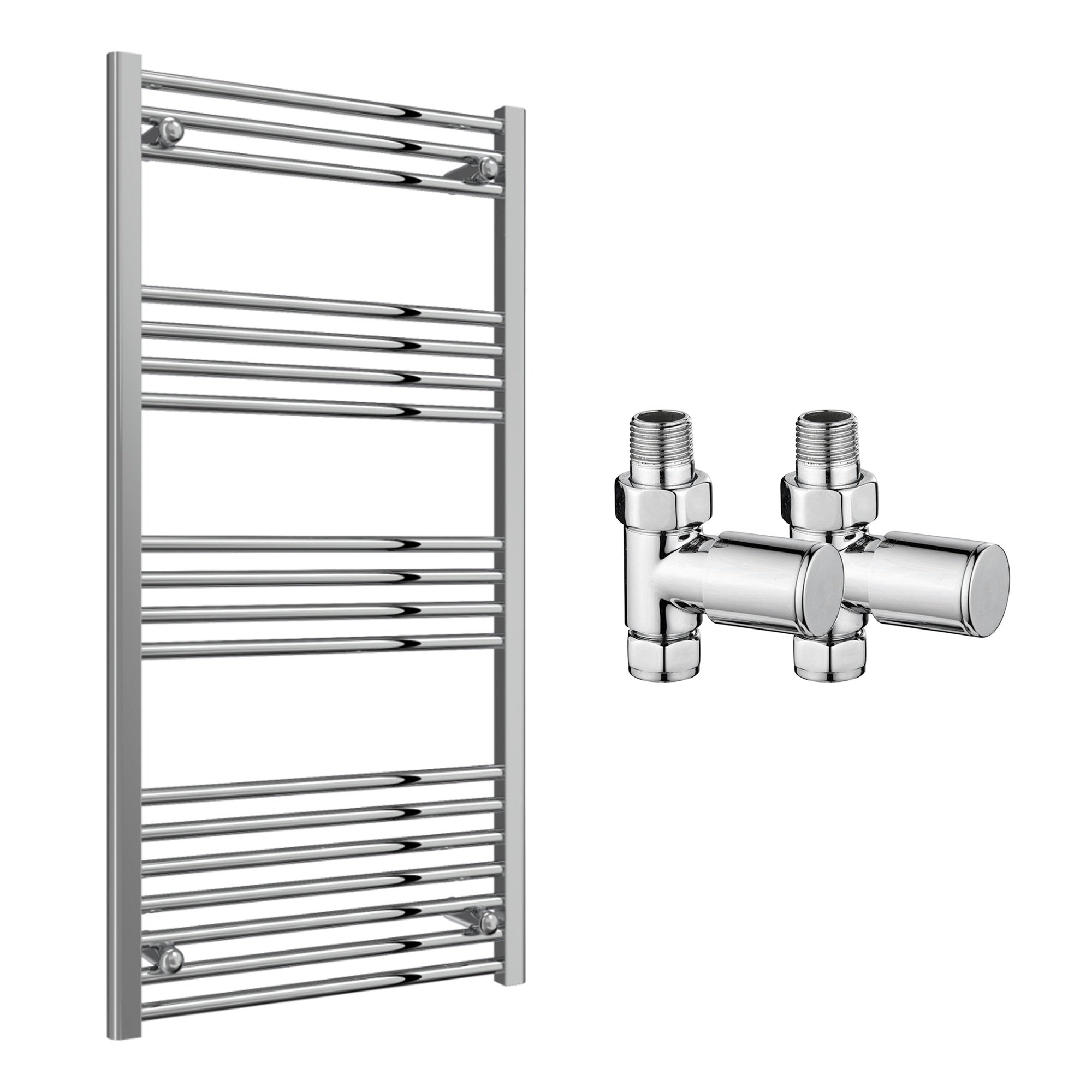 Reina Capo Flat Chrome Bathroom Heated Towel Rail 1200 x 600mm with Manual Straight Valves - Stylish Mild Steel Ladder Radiator