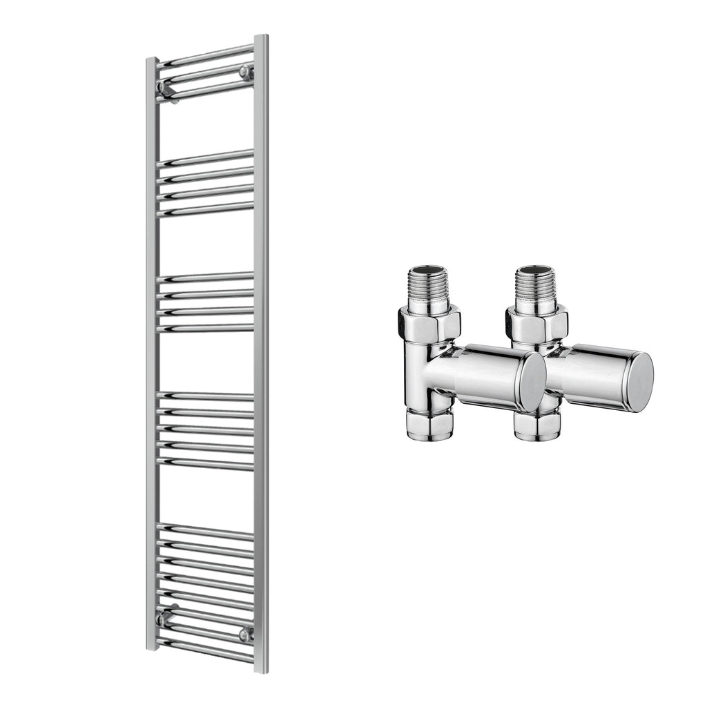 Reina Capo Flat Chrome Bathroom Heated Towel Rail 1600 x 400mm with Manual Straight Valves - Stylish Mild Steel Ladder Radiator