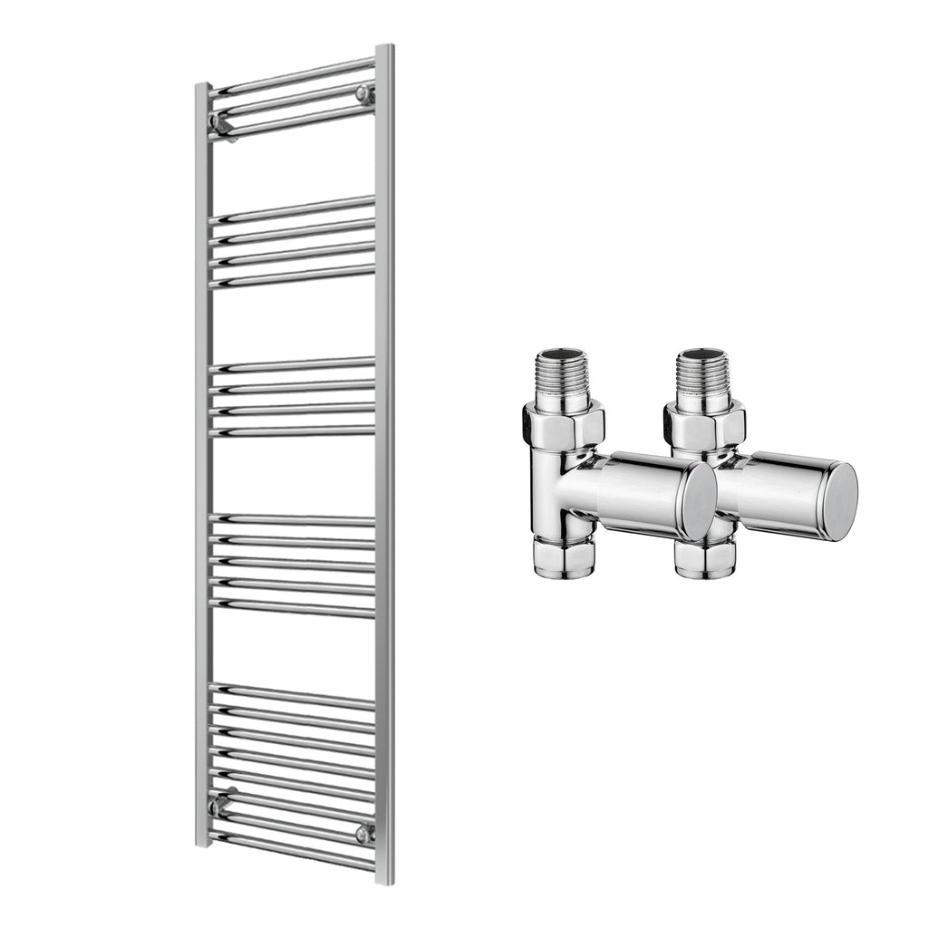 Reina Capo Flat Chrome Bathroom Heated Towel Rail 1600 x 500mm with Manual Straight Valves - Stylish Mild Steel Ladder Radiator