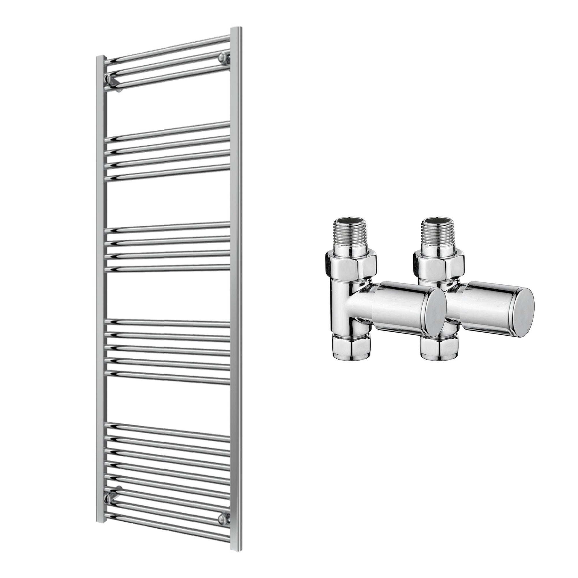 Reina Capo Flat Chrome Bathroom Heated Towel Rail 1600 x 600mm with Manual Straight Valves - Stylish Mild Steel Ladder Radiator