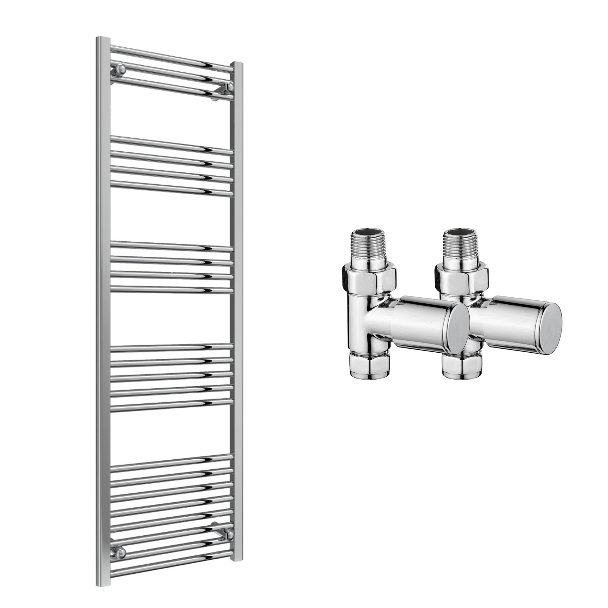 Reina Capo Flat Chrome Bathroom Heated Towel Rail 1800 x 500mm with Manual Straight Valves - Stylish Mild Steel Ladder Radiator
