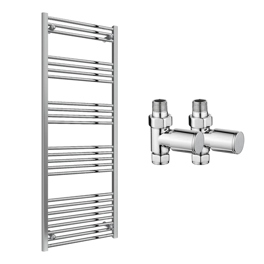 Reina Capo Flat Chrome Bathroom Heated Towel Rail 1800 x 600mm with Manual Straight Valves - Stylish Mild Steel Ladder Radiator