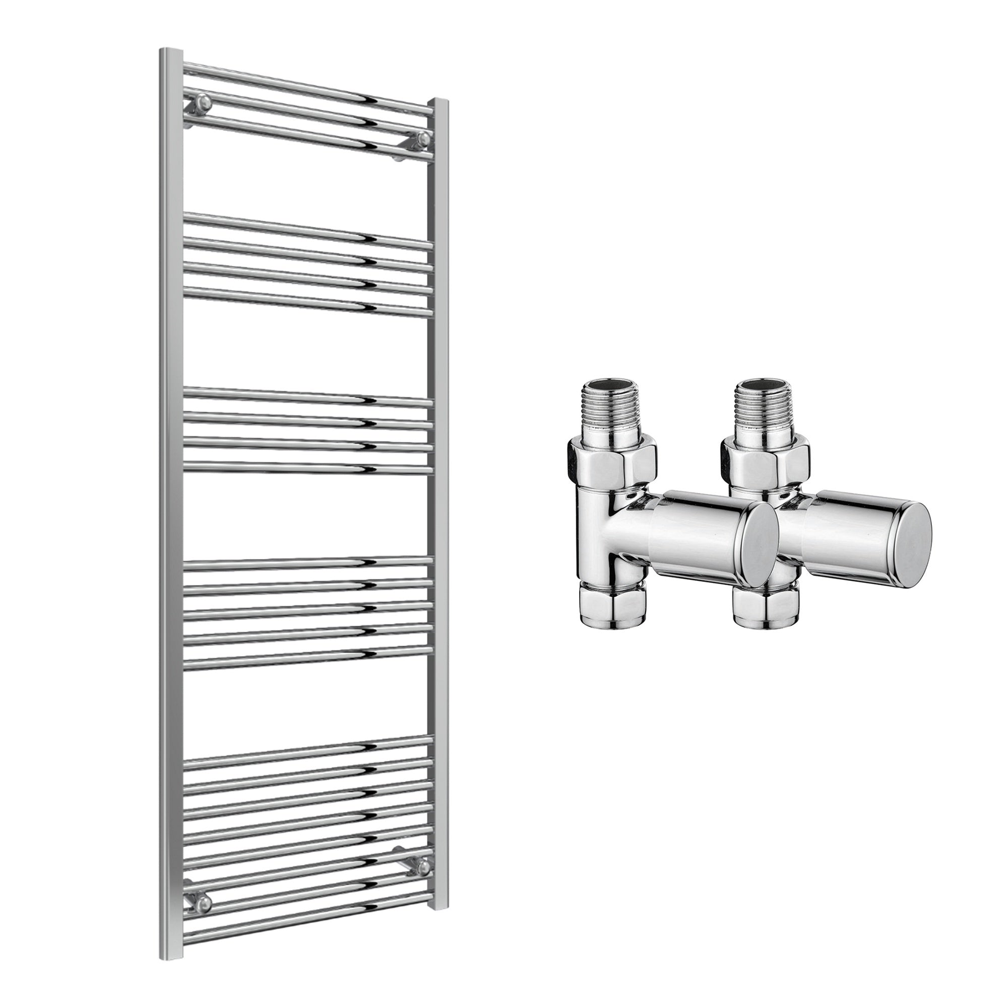 Reina Capo Flat Chrome Bathroom Heated Towel Rail 1800 x 600mm with Manual Straight Valves - Stylish Mild Steel Ladder Radiator