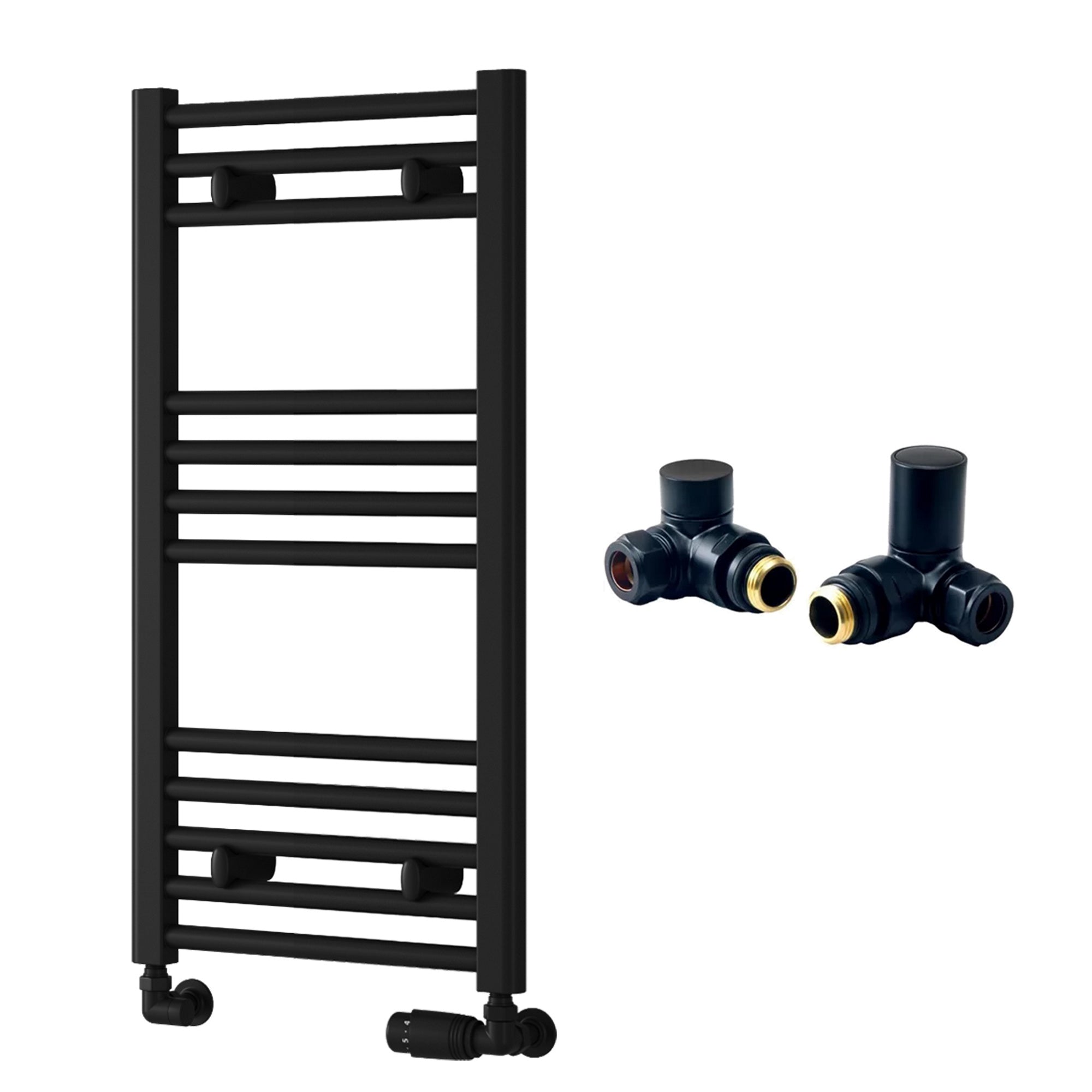 Reina Capo Flat Black Bathroom Heated Towel Rail 800 x 400mm with Manual Corner Valves - Stylish Mild Steel Ladder Radiator