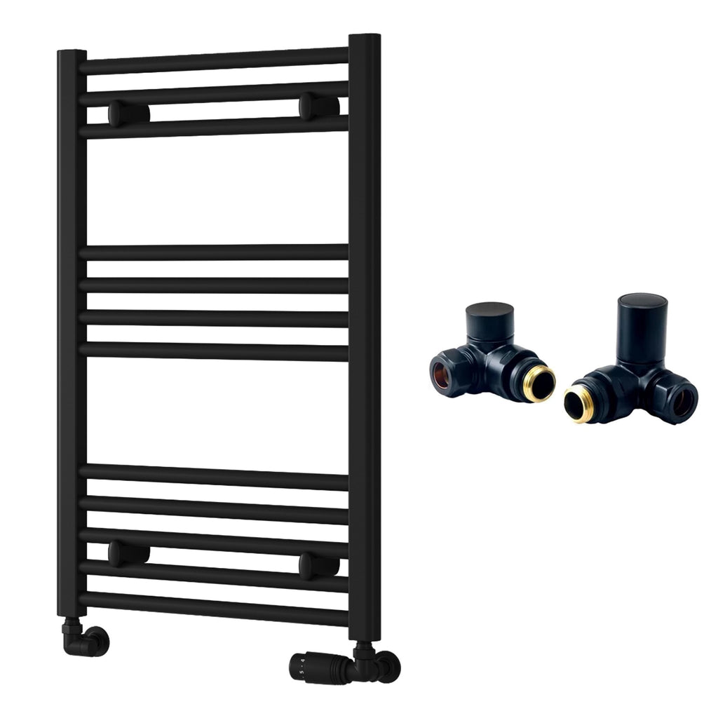 Reina Capo Flat Black Bathroom Heated Towel Rail 800 x 500mm with Manual Corner Valves - Stylish Mild Steel Ladder Radiator