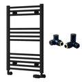 Reina Capo Flat Black Bathroom Heated Towel Rail 800 x 500mm with Manual Corner Valves - Stylish Mild Steel Ladder Radiator