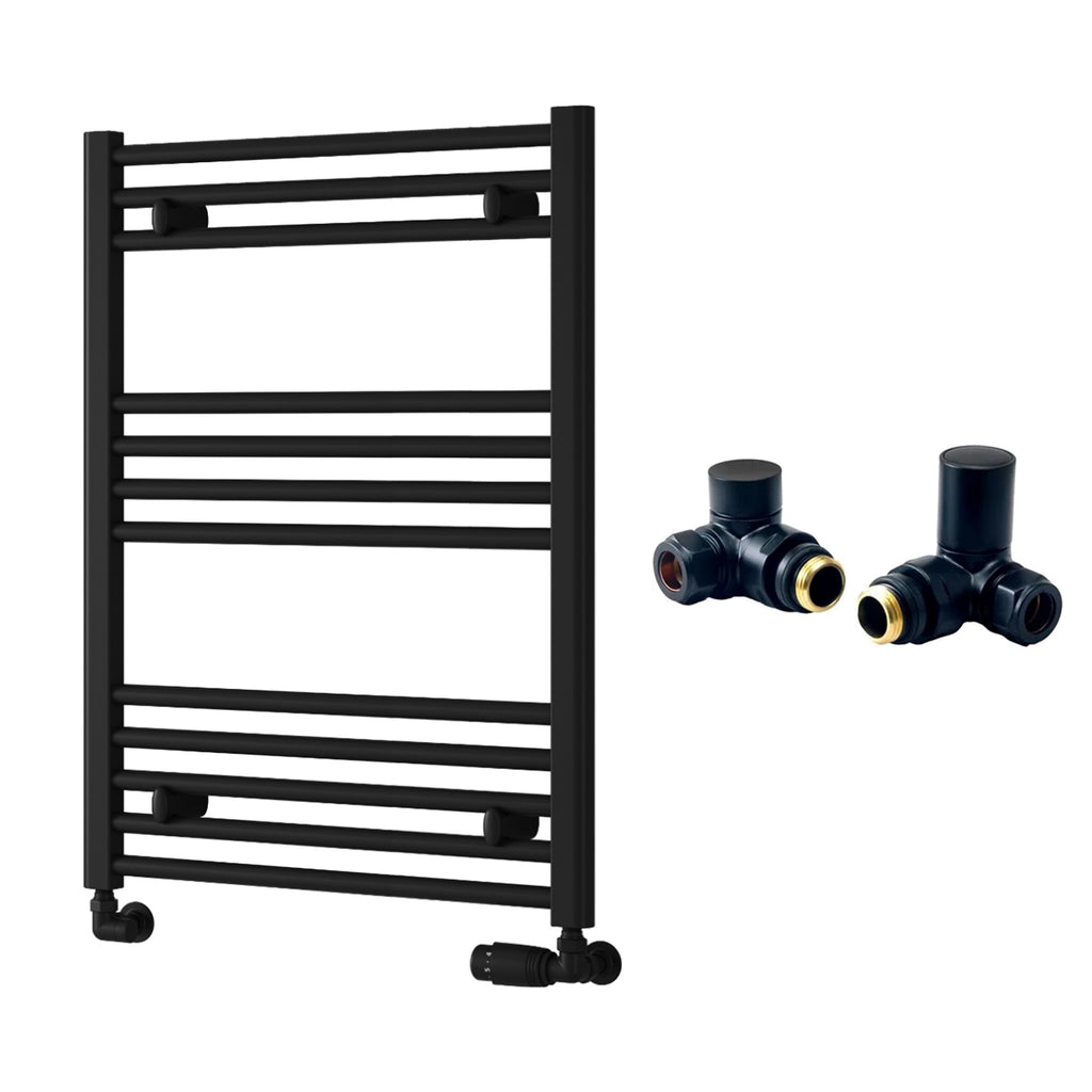 Reina Capo Flat Black Bathroom Heated Towel Rail 800 x 600mm with Manual Corner Valves - Stylish Mild Steel Ladder Radiator